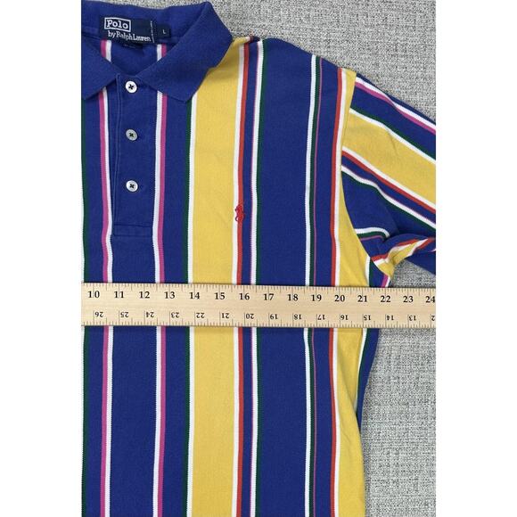 Polo Ralph Lauren Shirt Sz L Blue Yellow Striped Classic Polo Short Sleeve 90s - Picture 4 of 12